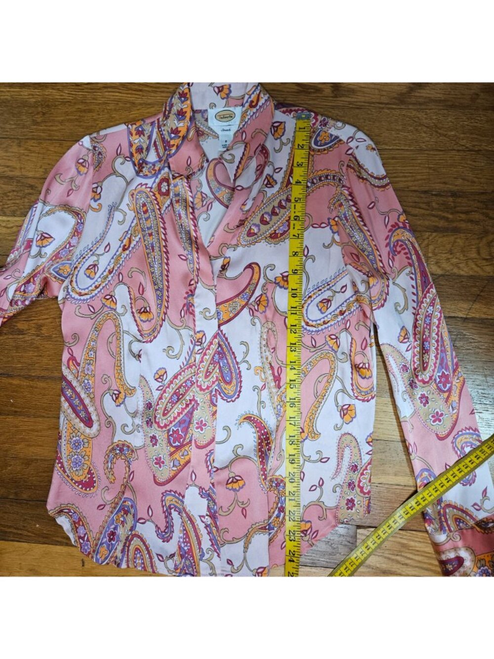 Woman's vintage Talbots silk boho pink paisley print v neck button down blouse 8 - Picture 9 of 10